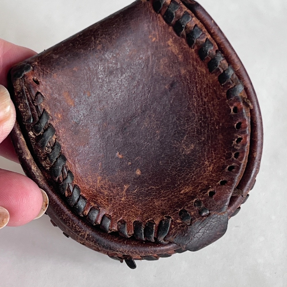 Vintage Brown Leather Horseshoe Coin Purse Whipstitch Change Pouch